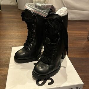 Schutz NWT Zhara Burned Leather Black Lace Boots with block heel & extra laces.